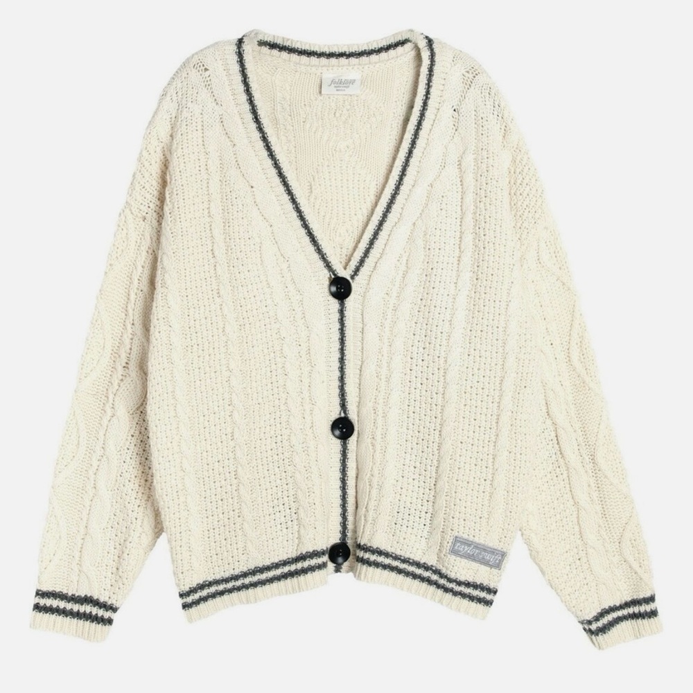 Cream Cable Knit Cardigan with Black Trim